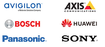 Security Brand Logos - Avigilon, Axis Communications, Bosch, Huawei, Panasonic and Sony.